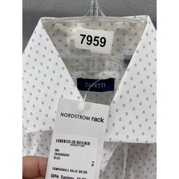 Zanetti Shirt Men 14.5 32/33 Button Down White Triangle Printed Long Sleeve‎ - Picture 13 of 14